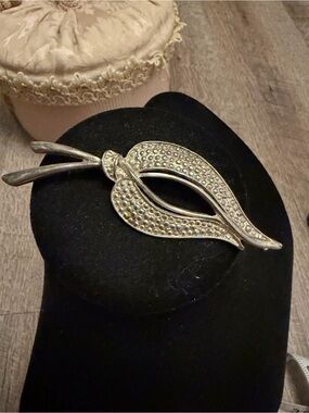 Vintage Silver Tone Leaf Brooch with Pave Detail
